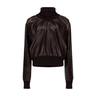 Victoria Beckham Truien & Vesten, Dames, Bruin, M, Leer, Gebreide Kraag Leren Top