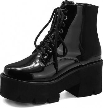 Generic Womens Punk Gothic Ankle Boots with Lace-Up & Buckles - Chunky Platform Heel Biker Booties,Black,1.5 UK