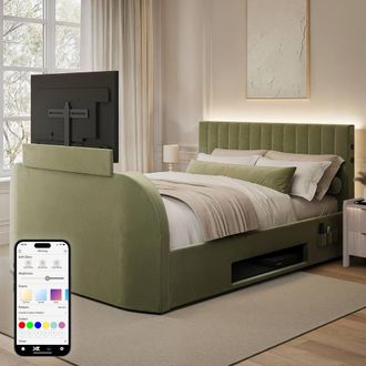 X Rocker Maisie 5.1 Ottoman TV Lift Bed, Surround Sound & App Controlled LED in Olive | Size: King