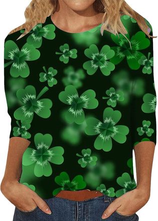 Generic St Patricks Day Shirt Women 3/4 Sleeve Tops Saint Patricks Shamrock T Shirts Irish Clover Blouse s 2026 Graphic Tees(Green3, XL)