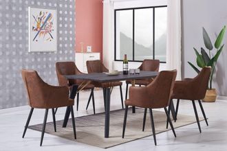 Life Interiors Life Interiors - Juego De Comedor Cosmo Lux Zarah: Mesa De Comedor De Madera De Nogal Y Juego De 6 Sillas De Comedor De Cuero Marr&oacute;n - Comedor Cocina