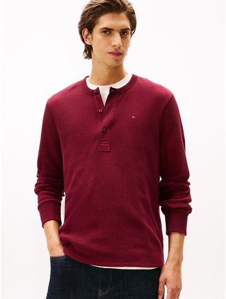 Tommy Hilfiger Mens Long-Sleeve Waffle-Knit Henley T-Shirt - Red - XXL