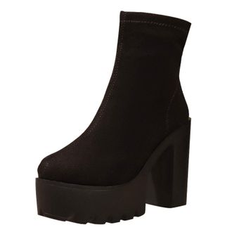 Generic Black Feminine Suede Boots Mid Calf Thick Sole Solid Color Thick Heel High Heels Round Toe for Casual Style