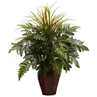 Nearly Natural Mixed Grass & Fern with Decorative Planter in Green at Nordstrom
