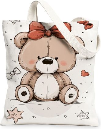 Generic Cute Bear Canvas Tote Bags, Animal Design Reusable Grocery Bags, Spring Vintage Lightweight Washable Shoulder Strap Canvas, White, 13x15 Inch