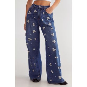 NASTY GAL Floral Embellished Wide Leg Jeans in Authentic Denim at Nordstrom Rack, Size 12