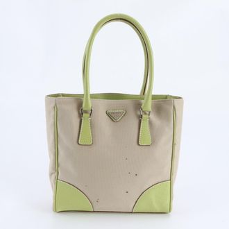 Prada Beige Green Leather Canvas Handbag Shoulder Bag Tote Bag (Pre-Owned)