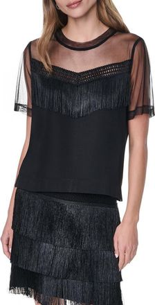 DKNY Fringe Detail Cotton Blend Mesh Top in Black at Nordstrom, Size X-Large