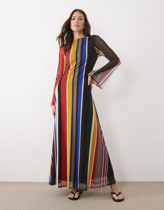 Asos Vestito lungo a righe con maniche lunghe a pipistrello-Multi