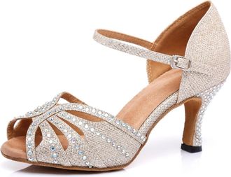 Minitoo Ladies Latin Ballroom Dance Shoes with Rhinestones Formal Party Sandals L375 Champagne 7.5cm Heel UK 5.5