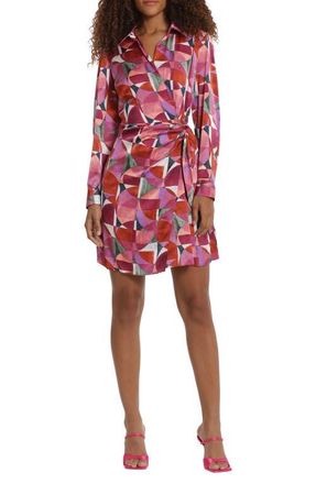 Maggy London Geo Print Long Sleeve Wrap Shirtdress in Sw/Raspbry at Nordstrom, Size 6