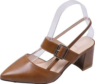 Generic Womens Closed Pointed Toe Block Heels Slingback Pumps Sandals Slip On Buckle Strap Summer Casual Dress Shoes (7.5,Brown)