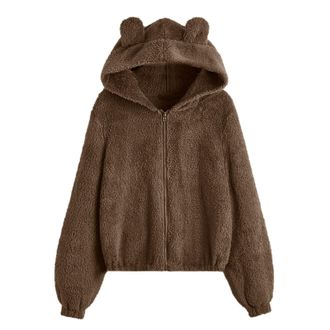 Generic Fleece Coat Womens Hooded Teddy Fleece Jacket Womens with Ears Transition Jacket Short Jacket with Zip Warm Coat Spring Lambswool Ruffles Rabbit Ears 