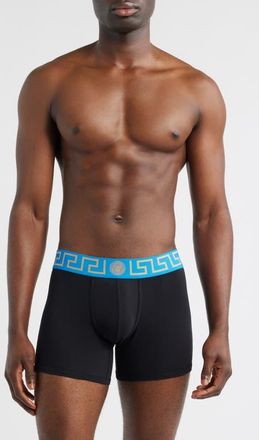 Versace Greek Key Jersey Boxer Briefs in Black/Royal Blue/Gold at Nordstrom, Size 3