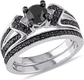 Mimi & Max 1 1/8ct TW Black Diamond Split Shank Bridal Set in Sterling Silver with Black Rhodium