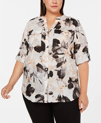 Calvin Klein Womens Plus Size Printed Roll-Tab Top Gray Size 3X