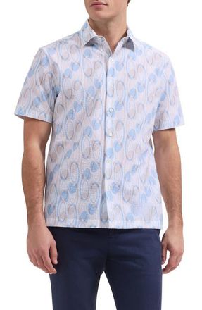 Bugatchi Vero Shaped Fit Geometric Print Short Sleeve Button-Up Shirt in Hazy Blue at Nordstrom, Size Xxx-Large