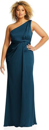 The Dessy Group One-Shoulder Draped Twist Empire Waist Trumpet Gown