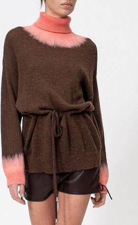 Twin-Set Abstract Print Wool Blend Turtleneck with Waist Belt