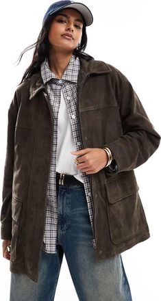 Asos Giacca harrington in pelle oliva scuro-Nessun colore