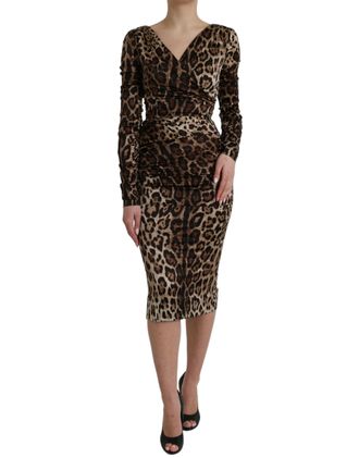 Dolce & Gabbana Womens Brown Leopard Print Bodycon V-Neck Midi Dress Silk Elastane
