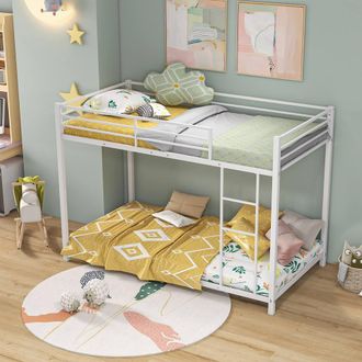 Costway Costway Single Metal Bunk Bed Floor Bed Frame w/Ladder &Full-length Guardrails in White