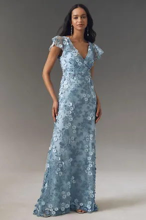 【MAC DUGGAL】ボリューミー薔薇スカートマーメイドロングドレス ラメオーガンジーティアードスカートピンクパープルドレス
