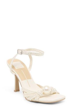 Dolce Vita Helle Faux Pearl Ankle Strap Sandal in True White Satin at Nordstrom, Size 9.5