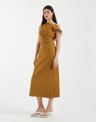 & Other Stories Vestito midi monospalla in misto lino color cuoio-Marrone