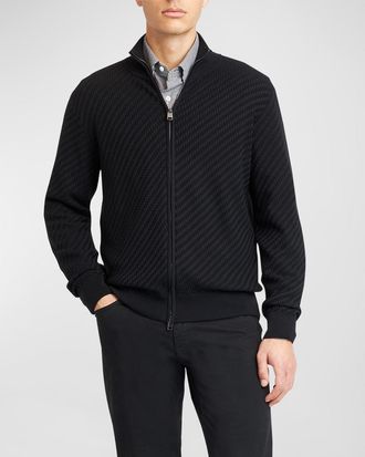 Brioni Mens Basketweave Stitch Full-Zip Sweater