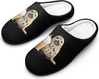 Generic Ice Cream And Seal Mens Cozy Cotton Slippers with Memory Foam Lightweight Anti-skid House Shoes for Indoor Outdoor