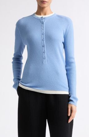 Lisa Yang Airi Cotton & Cashmere Ribbed Henley in Soft Sky at Nordstrom, Size 2