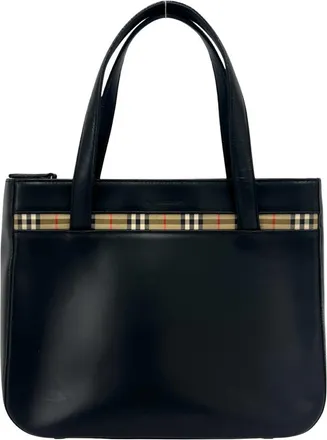Burberry Beige Black Leather Canvas Handbag Tote Bag (Pre-Owned)