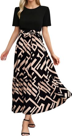 Generic Women Dresses Short Sleeve Crew Neck Sun Dress Floral Wrap High Waist Casual A-Line Long Maxi Summer Beach Swing Dress Boho Beach Wear Wedding Guest D