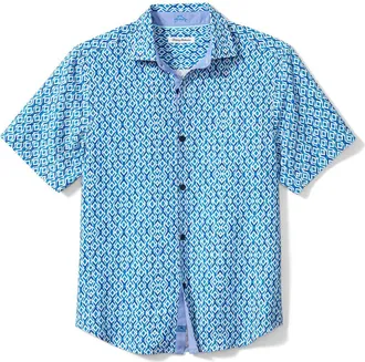 Tommy Bahama Diamond Tides Print Short Sleeve Silk Button-Up Shirt in Atlantis Teal at Nordstrom, Size Xxx-Large