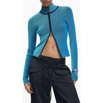 Desigual Front Zip Rib Jacket in Blue at Nordstrom, Size Medium