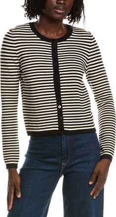 T Tahari Crewneck Striped Cropped Cardigan