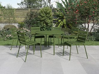 Vente-Unique Sala da pranzo da giardino un tavolo rotondo D.130cm e 6 sedie impilabili in Metallo Kaki - MIRMANDE di MYLIA