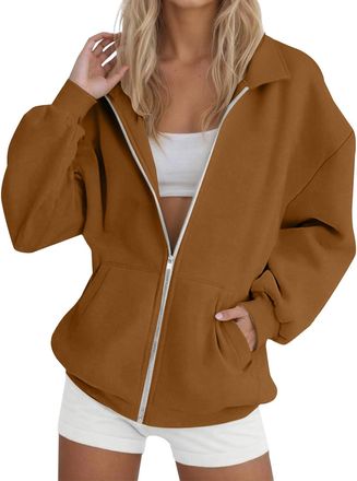 Generic Womens Collared Sweatshirt Zip Up Oversized Long Sleeve Jacket without Hood Ladies Casual Lightweight Fleece Sweatshirts with Pockets Zipper Plus Size