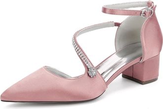 Generic Bridal Shoes Womens Rhinestone Wedding Prom Pumps Satin Pointed Toe Ankle Strap Bridesmaid Chunky Heels Shoes4.5Cm,Flesh Pink,10 UK