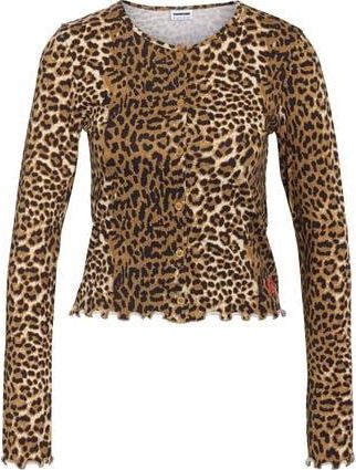 Noisy May Molly Lettuce Edge Button Front Stretch Organic Cotton Top in Morel Leopard Print at Nordstrom Rack, Size X-Small