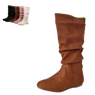 Generic Women Round Toe Slouch Vegan Comfy Flat Mid Calf Tall Faux Suede Leather Boots Slouchy Pull on Round Toe Knight Riding Shoes (Brown,4.5)