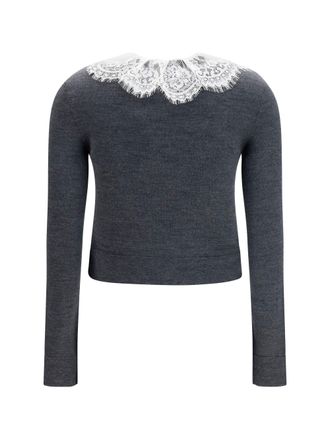 Self Portrait Womens Knit Cardigan With Lace Collar Grey Merino Wool Ovis Aries Sweater
