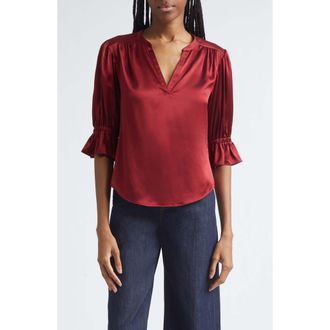 Cinq &agrave; Sept Fiona Split Neck Silk Top in Berrywine at Nordstrom, Size Medium