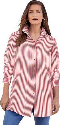 Roaman's Kate Long-Sleeve Crisp Cotton-Blend Button-Front Tunic in Coral Red Stripe at Nordstrom, Size 34
