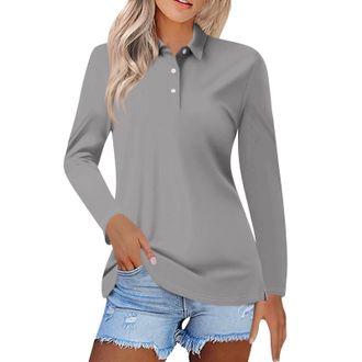 Generic Womens Polo Shirts Long Sleeve Smart Causal Button Down Henley Blouses Lightweight Golf Tennis Workout Tee Shirt Casual Basic Solid Color Office Wear 