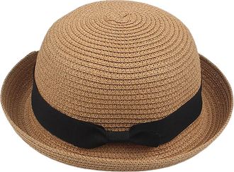 Generic Lady Boater Sun Caps Classic Vintage Ribbon Round Flat Top Straw Beach Hat Retro Summer-Wide-Brim Hats for Women with Band Outdoor Coffee One Size