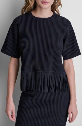 DKNY Fringe Short Sleeve Sweater in Black at Nordstrom, Size X-Small