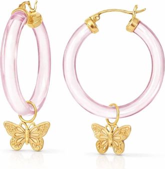 Gold & Honey Womens Butterfly Charm Lucite Hoop Earrings In Pink