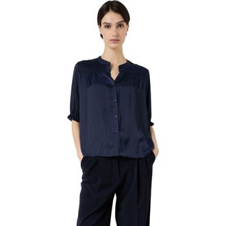 Gerard Darel Catrine Satin Shirt With Mandarin Collar in Navy Blue at Nordstrom, Size X-Large